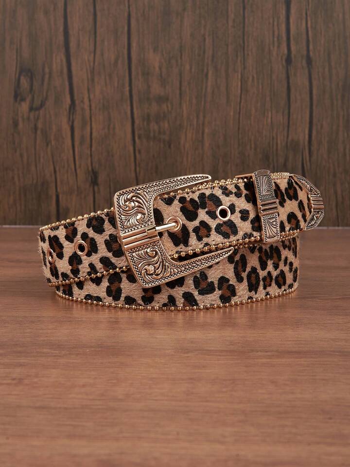 1pc Men Leopard Print Vintage Engraved Metal Buckle Faux