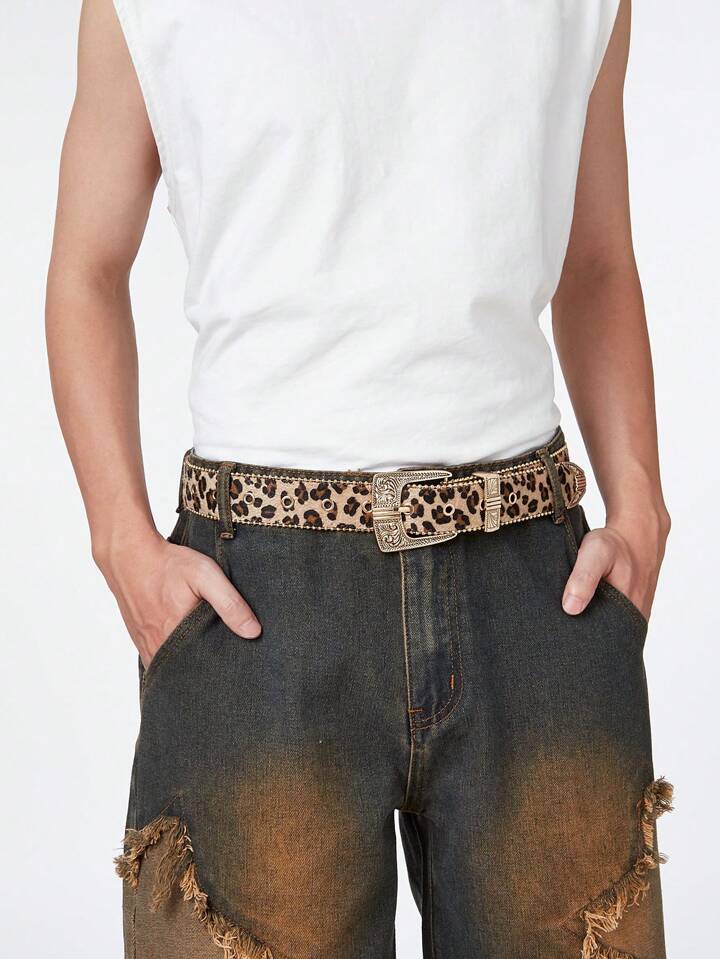 1pc Men Leopard Print Vintage Engraved Metal Buckle Faux