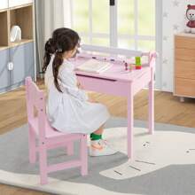 Kids Desk And Chair Set Wooden Toddler Craft Table Lift-Top WIth Paper Roll Pink - Pink - View 2