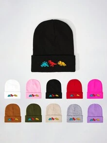 1pc Knitted Cap With Embroidered 3 Dinosaurs Design, Outdoor Warm Casual Winter Hat For Everyday Commute - Knitted Hat - View 1