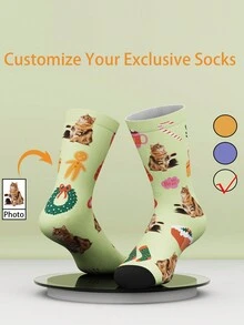 1 par de calcetines personalizados de media caña divertidos con estampado facial para mujeres y hombres, calcetines impresos personalizados con imágenes de chicos guapos y chicas bonitas, calcetines personalizados de media caña de para parejas, adecuados para el Día de San Valentín, cumpleaños y otras ocasiones. - Verde - Ver 1