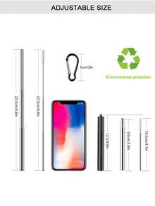 1pc Portable Collapsible Straw Set, Includes 304 Stainless Steel Reusable Straws, Storage Case, Cleaning Brush And Keychain - Multicolor - View 2
