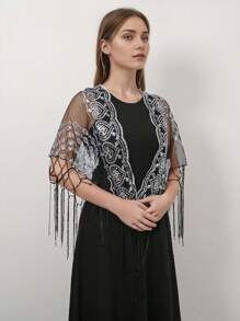 1pc Sparkling Embroidered Fringe Scarf Shawl For Women, Party Dress, Bridal, Formal, Elegant, Casual, Vintage, Palace Style, Made Of Polyester. Suitable For All Seasons