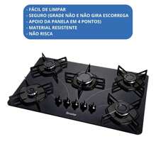 Fogão Mesa Vidro Resistente Cooktop 5 Bocas Gás Ultra Chama 127v/220v Bivolt - Preto - Visão 2