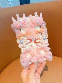 10入組甜美可愛的公主皇冠髮夾套裝，蝴蝶結、人造珍珠裝飾，適用於女孩 - 橘色 - 查看 3