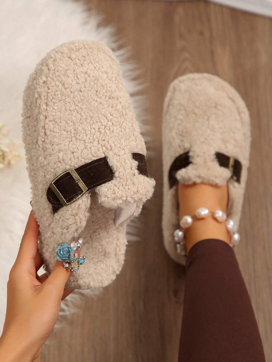 Women's Plush Slip-On Mules With Fluffy Lining, Casual Slip-On Slippers, New Autumn/Winter Padded Outdoor Mules,Furry Shoes - Apricot - View 1
