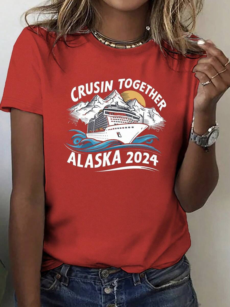 Cruise Ship Alaska 2024 Pure Cotton Women's Tshirt Comfort Fit - 紅色 - 查看 1