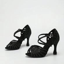 A Pair Of Apricot Hot Rhinestones And Pearl Diamonds Fashionable Satin High Heels Latin Dance Shoes Cha Cha Dance Shoes Ballroom Dance Shoes` - Black - View 3
