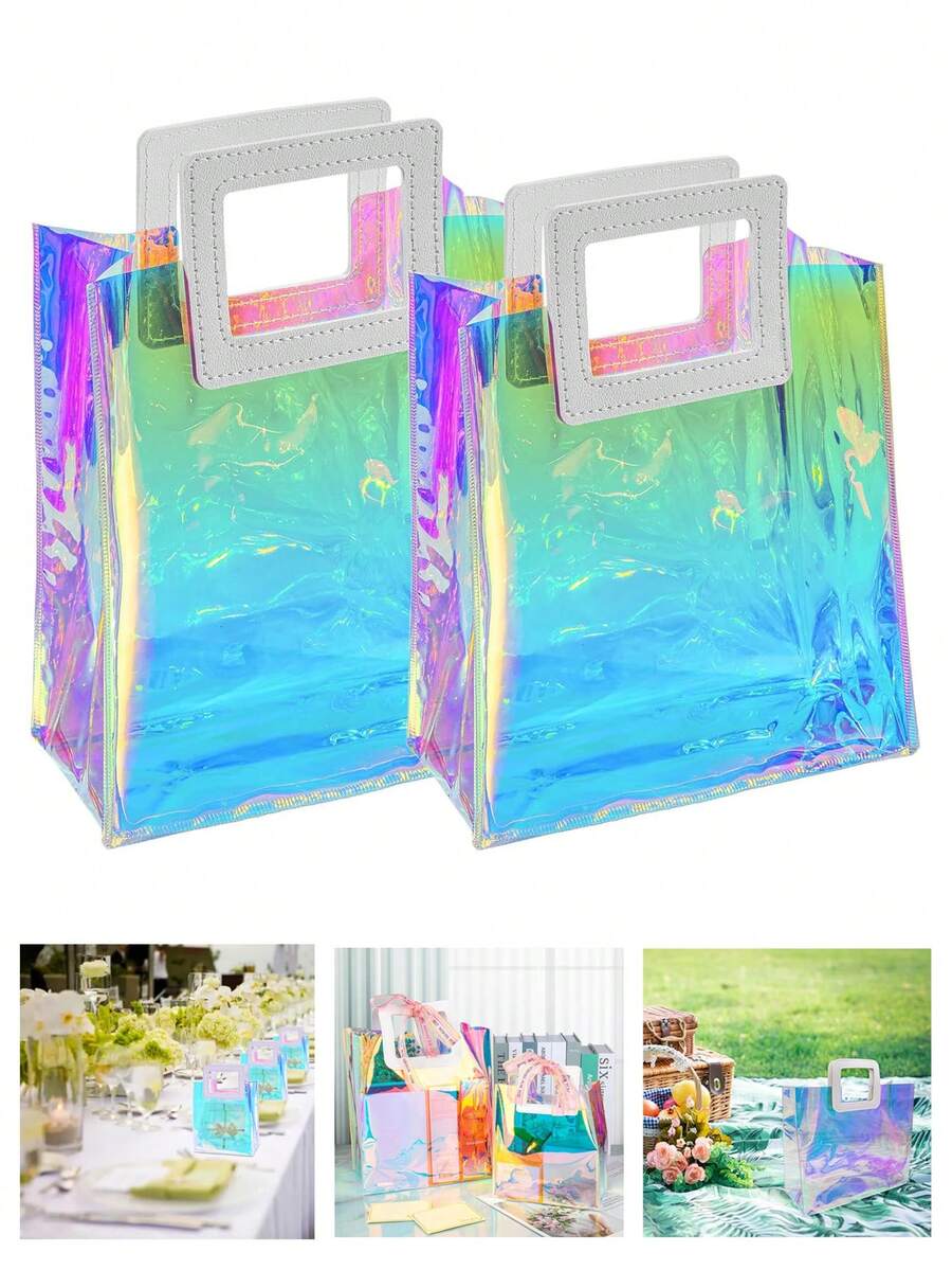 1 件全息小礼品袋，透明可重复使用生日礼品袋，适合女士，彩虹色圣诞婚礼礼品袋，带手柄，全息小礼品袋，适合女士、生日、圣诞节、单身派对礼品、购物可重复使用的透明礼品包装袋 - 彩色 - 查看 1