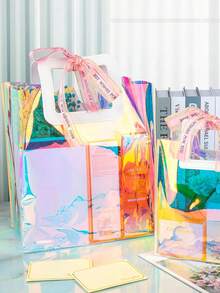 1 件全息小礼品袋，透明可重复使用生日礼品袋，适合女士，彩虹色圣诞婚礼礼品袋，带手柄，全息小礼品袋，适合女士、生日、圣诞节、单身派对礼品、购物可重复使用的透明礼品包装袋 - 彩色 - 查看 7