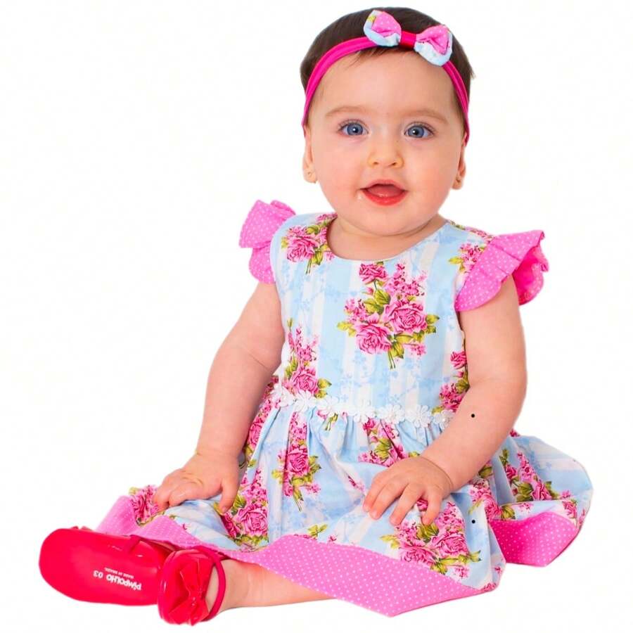 Mundo Nina Kids Baby Girl Dress 100% Cotton Short Sleeve Fresh Summer - 霧霾藍 - 查看 1