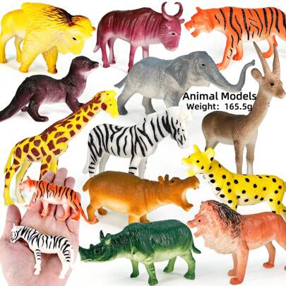 12 件/套软橡胶野生动物玩具模型，包括狮子、老虎、长颈鹿、斑马、大象、犀牛、河马、猎豹、牦牛、水獭、牛、羚羊。儿童教育认证动物模型，适用于圣诞节/生日礼物、蛋糕装饰、动物玩具、瞪羚、大象玩具