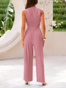 Women Summer 2 Piece Outfits Ribbed Knit Crew Neck Sleeveless Cropped Top Elastic Waist Wide Leg Pants - 粉色 - 查看 2