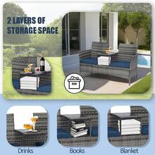 Wicker Outdoor Loveseat Modern Rattan 2-Seat Patio Conversation Set With Cushions & Built-In Coffee Table Porch Furniture - 灰色/藍色 - 查看 6