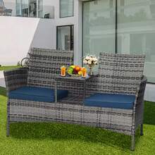 Wicker Outdoor Loveseat Modern Rattan 2-Seat Patio Conversation Set With Cushions & Built-In Coffee Table Porch Furniture - 灰色/藍色 - 查看 8