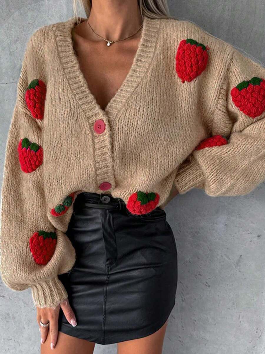 New Autumn And Winter Fashionable Sweet And Gentle Strawberry Decorated Lantern Sleeve Women's Cardigan,Long Sleeve Tops