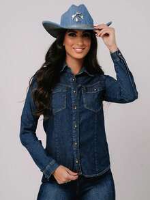 Basic Women's Denim Shirt - Rửa tối - Xem 1