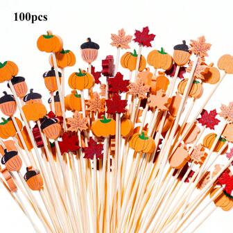 100 piezas de palillos decorativos de bambú con forma de hojas de otoño, fruta y calabaza, para cócteles, aperitivos, sándwiches, fiestas de Halloween, Acción de Gracias y Navidad.
