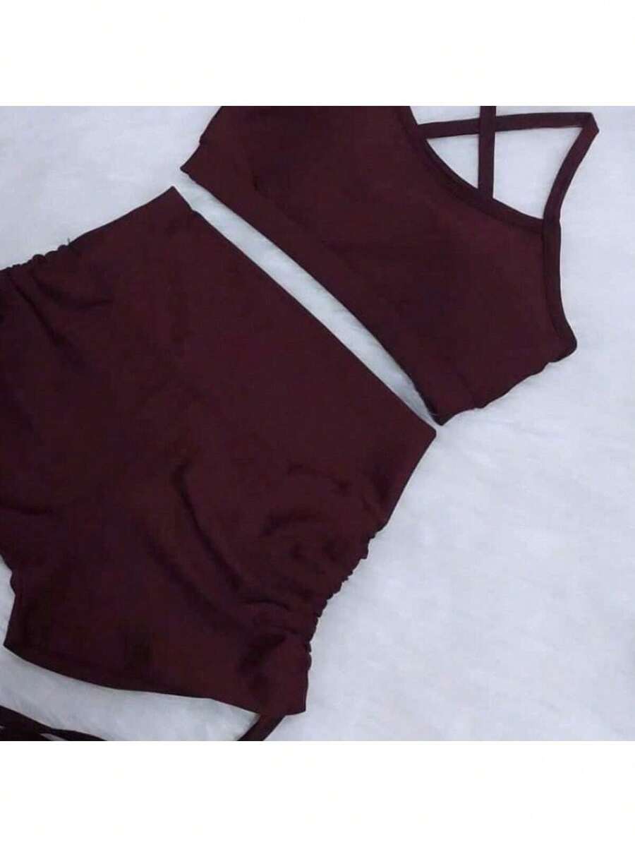 Women's Gym Set Cropped Top And Bermuda Shorts With Side Ties Sport Fitness - 酒紅色 - 查看 1