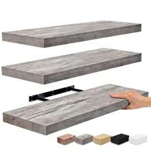 Juego de 3 (24"X9") estantes flotantes rectangulares Sorbus con soportes invisibles - para decoración de dormitorio, cocina, estantes de baño (gris blanco) - Multicolor - Ver 1