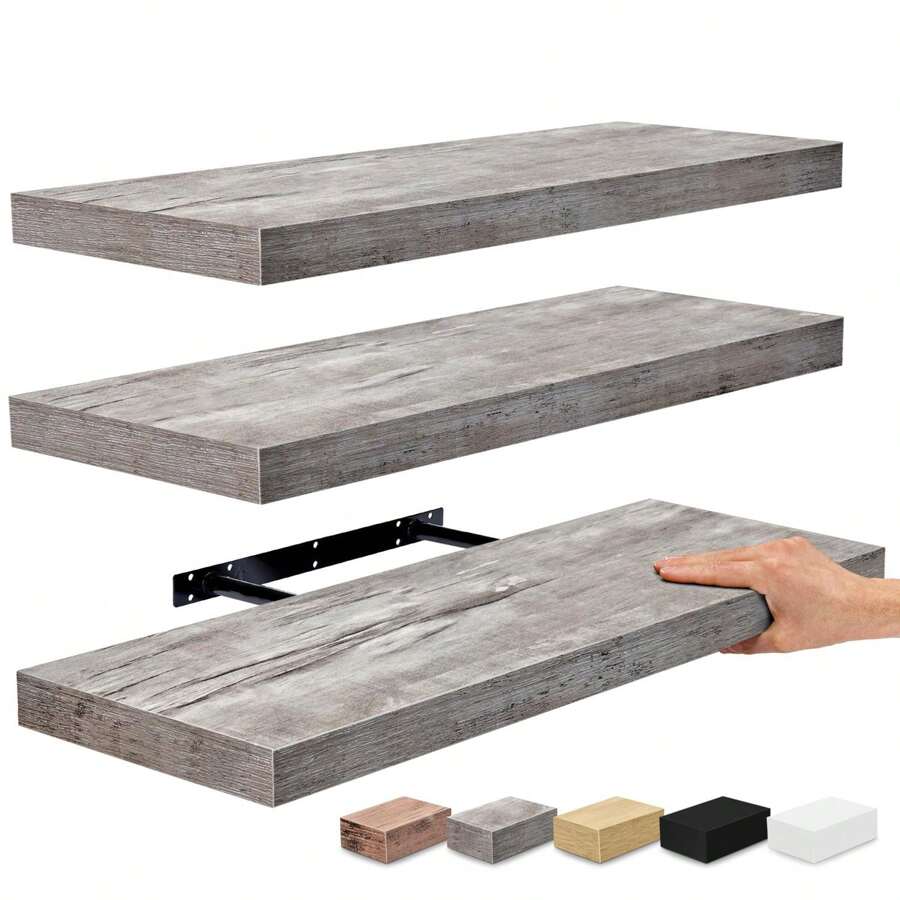 Juego de 3 (24"X9") estantes flotantes rectangulares Sorbus con soportes invisibles - para decoración de dormitorio, cocina, estantes de baño (gris blanco) - Multicolor - Ver 1