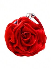 玫瑰形女士晚宴包手拿包 CLARA 女士玫瑰花手拿包绸缎手提包婚礼晚会包新奇礼物 - 酒紅色 - 查看 2
