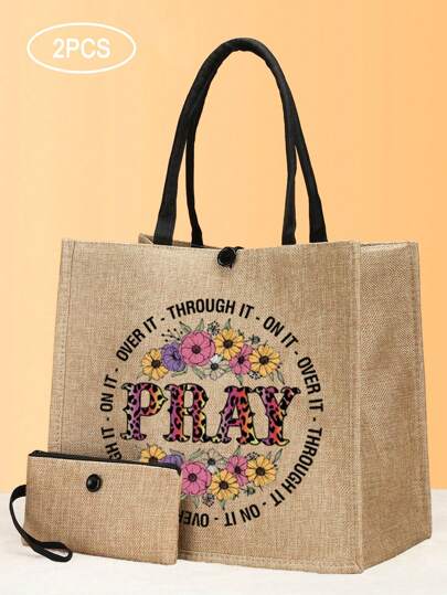 2 Pieces/Set Rich Colorful Flower And Prayer Letter Pattern Handbags, Suitable For Travel, Beach Bag, Gift Bag, Shopping Bag, Homework Bag Sister Handbag, Gift For Family, Relatives, Nurses, Teachers, Sisters, Besties And Classmates Best Gifts For , Holiday Gifts Birthday Gifts, Music Festival Gifts, Portable Handbags, Multifunctional Shopping Bags, Gym Bags, Large Capacity, Perfect For Party Travel, Commuting To Work, School, Beach Vacation, Graduation Gifts, Fashion Single Product