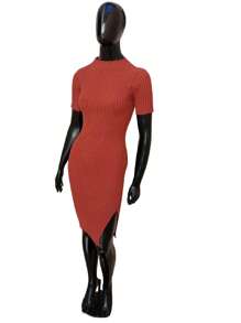 Ribbed Dress Short Sleeve Side Slit Modal Evangelical Fashion Knit Tricot - 銅色 - 查看 1