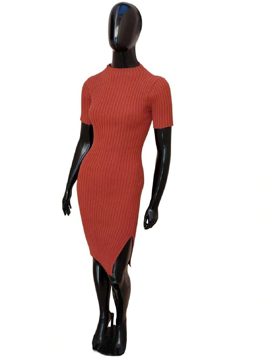 Ribbed Dress Short Sleeve Side Slit Modal Evangelical Fashion Knit Tricot - 銅色 - 查看 1