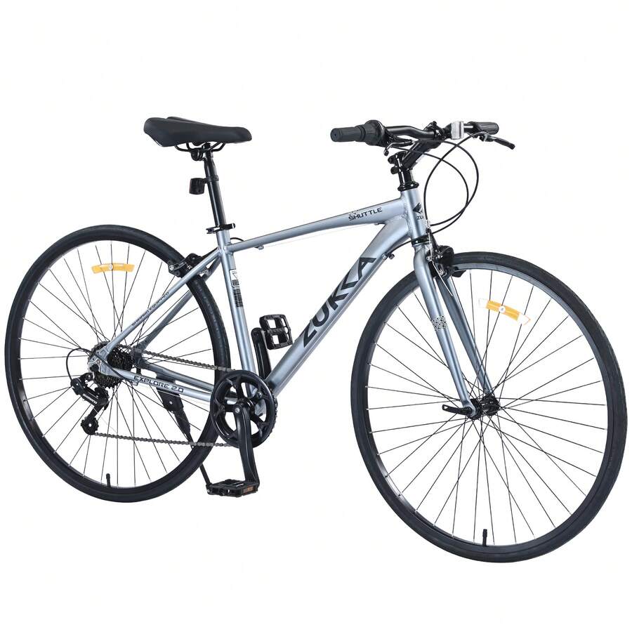 Bicicleta de 7 velocidades de 28 pulgadas, bicicleta híbrida de carretera para mujeres con caballete, cuadro de aleación de aluminio ligero con paso bajo de 700c, tren de transmisión de 7 velocidades, bicicleta de carreras, gris - Gris - Ver 1