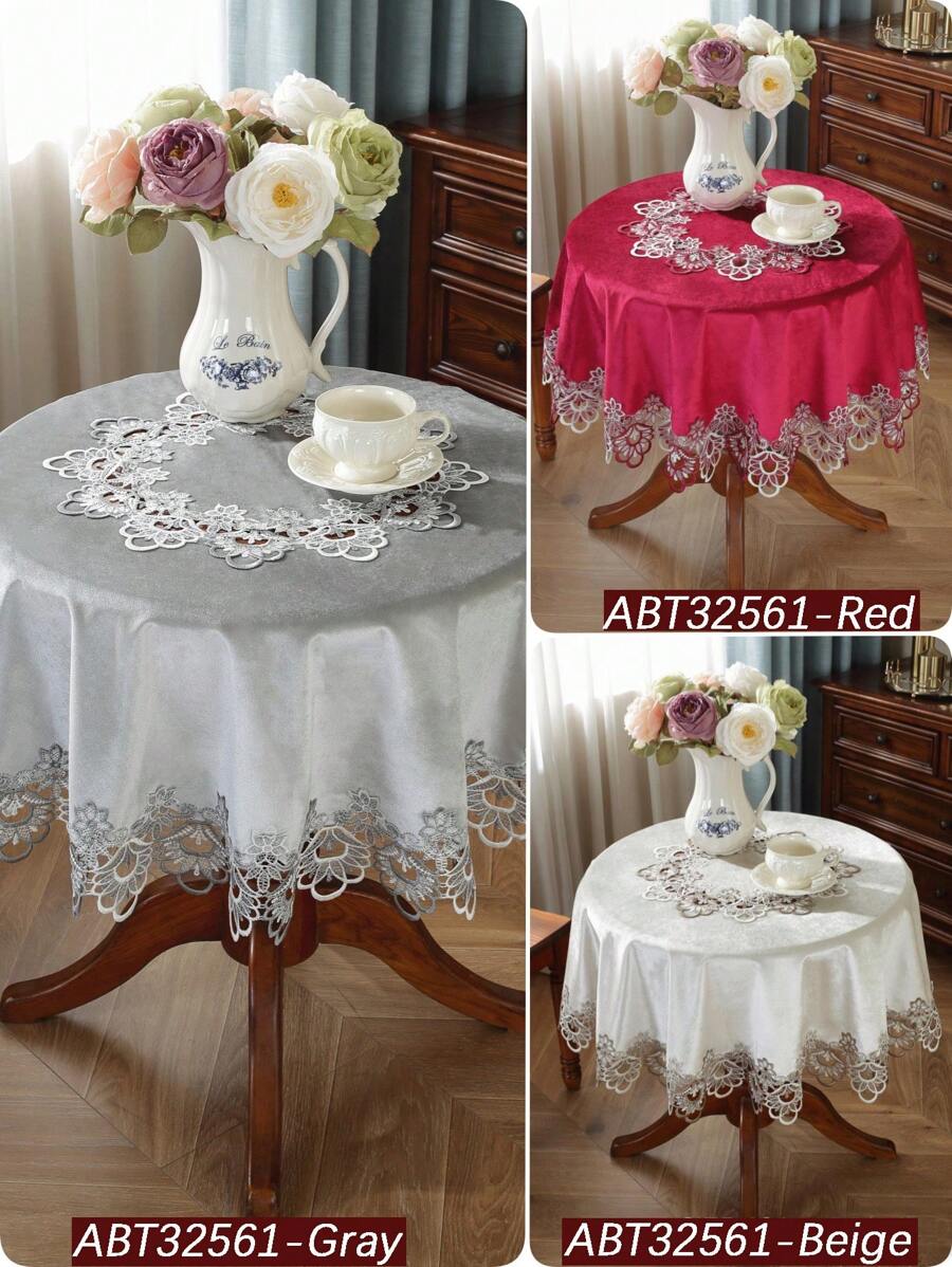 ABEST6522 Home&Living store 100% 聚酯纖維圓形天鵝絨桌巾,鏤空蕾絲邊飾,優雅花卉刺繡圓形桌布,適用於咖啡桌、邊桌,婚禮派對居家裝飾桌布 - 彩色 - 查看 1