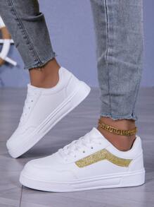 Women's Classic Casual Sports Skateboard Shoes, Student Fashion Outdoor Sneakers - Gold - View 2