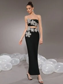 Modphy Conjunto de vestido de fiesta sexy de 2 piezas para mujer, top corto sin tirantes con decoración floral de rhinestones y falda