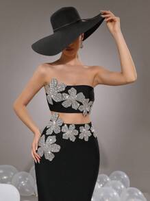Modphy Conjunto de vestido de fiesta sexy de 2 piezas para mujer, top corto sin tirantes con decoración floral de rhinestones y falda