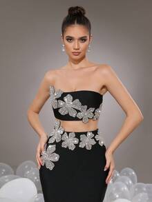 Modphy Conjunto de vestido de fiesta sexy de 2 piezas para mujer, top corto sin tirantes con decoración floral de rhinestones y falda