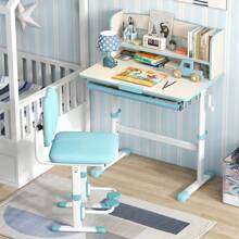 Kids Study Desk, Height Adjustable Children Writing Table W/ Tilt Desktop, Home School Student Learning Desk W/ Hutch, Storage Drawer & Scale Ruler For 3-12 Years Old, Blue/Pink/Gray - Blue - View 5