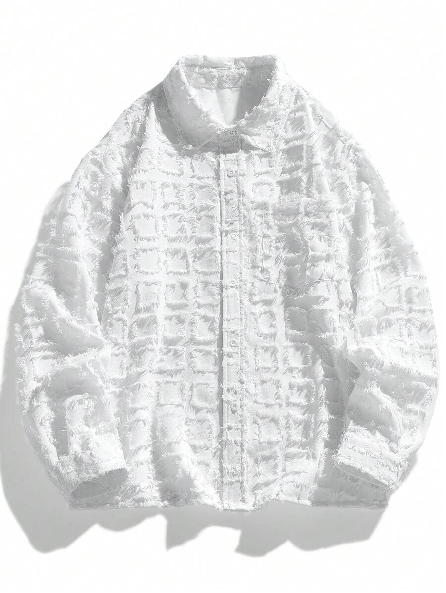 Men's Casual Loose Fuzzy Plaid Shirt, Spring/Summer, Fall, Long Sleeve Top - White - View 1