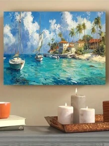 1 张带框帆布墙艺术海报，宁静的海岸风光，帆船和湛蓝的海水，实木框架，完美适合宁静的海滨风格空间，可直接悬挂 - 彩色 - 查看 3