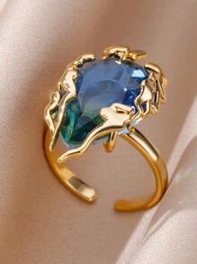 1 Peça Anel de Gota de Chama de Zircônia Azul Exagerada para Halloween para Mulheres, Anel Ajustável em Aço Inoxidável de Gota de Água, Joia Feminina Presente de Festa