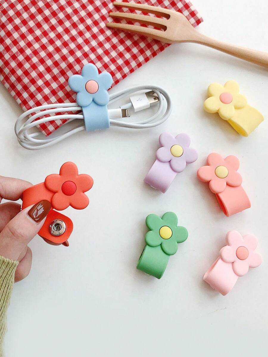 1pc Multicolor Cartoon Flower Shaped PVC Cable Winder, Earphone/Data Cable Organizer, Line Fastener