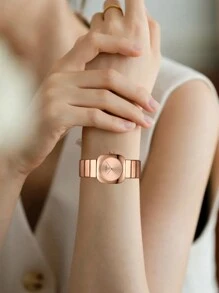 HANNAH MARTIN Đồng hồ thạch anh vuông, đồng hồ đeo tay bằng thép không gỉ màu bạc, đen, vàng hồng, chuyển động Nhật Bản, đồng hồ trang sức sang trọng cho những dịp thường ngày, trang trọng - Hoa hồng vàng - Xem 9