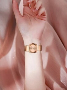 HANNAH MARTIN Đồng hồ thạch anh vuông, đồng hồ đeo tay bằng thép không gỉ màu bạc, đen, vàng hồng, chuyển động Nhật Bản, đồng hồ trang sức sang trọng cho những dịp thường ngày, trang trọng - Hoa hồng vàng - Xem 6