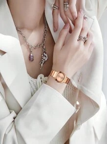 HANNAH MARTIN Đồng hồ thạch anh vuông, đồng hồ đeo tay bằng thép không gỉ màu bạc, đen, vàng hồng, chuyển động Nhật Bản, đồng hồ trang sức sang trọng cho những dịp thường ngày, trang trọng - Hoa hồng vàng - Xem 7