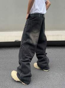 Men's Casual  Wide-Leg Baggy Jeans With Pockets - Black - View 3