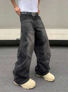 Men's Casual  Wide-Leg Baggy Jeans With Pockets - Black - View 6