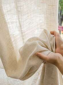 1入組復古日式亞麻混紡木紋紗簾，半透明防塵 - 米色 - 查看 1