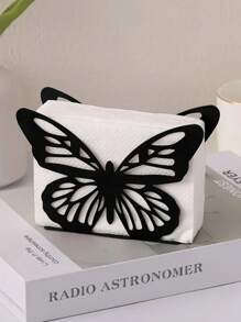 1pc Hollow Flower Design Tissue Box Holder, Stainless Steel Iron Tissue Paper Dispenser For Kitchen Countertop, Christmas Snowflake And Butterfly Pattern Tabletop Tissue Box Stand For Home, Kitchen, Dining Room, Party - Black - View 2