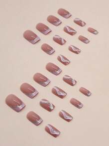 24片中长方形粉白条纹可佩戴美甲贴片，甜美欧式风格人造指甲，适合女性日常佩戴，美甲用品 - 彩色 - 查看 4