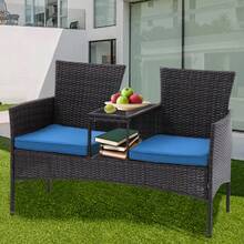 Sofá de 2 plazas para exterior de mimbre moderno, conjunto de conversación para patio con cojines y mesa de centro incorporada, muebles de porche - Negro/Azul pavo real - Ver 8