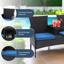 Sofá de 2 plazas para exterior de mimbre moderno, conjunto de conversación para patio con cojines y mesa de centro incorporada, muebles de porche - Negro/Azul pavo real - Ver 5